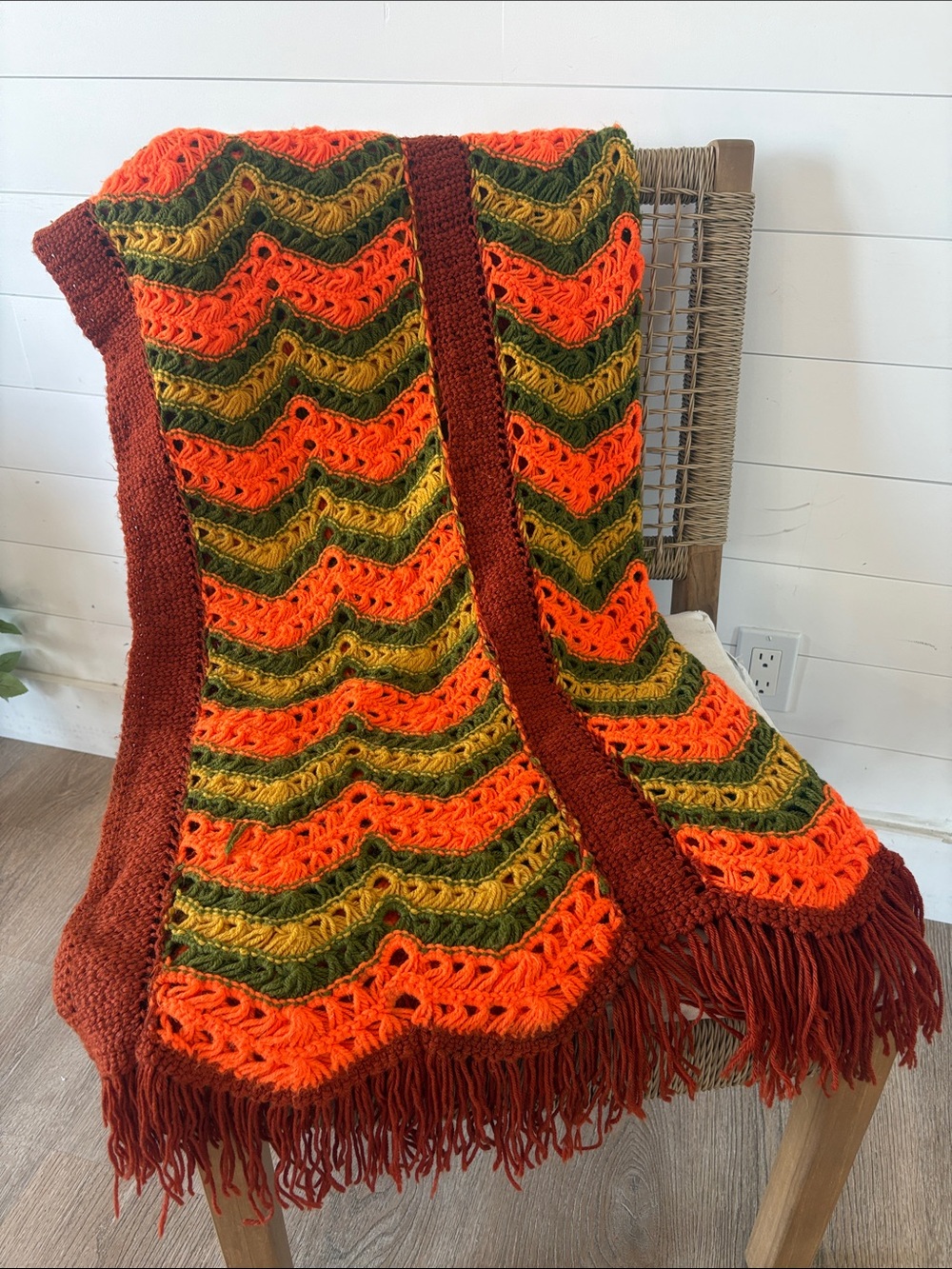 Vintage 70s Crochet Afghan Throw Blanket Orange Green Mustard Chevron Fringe
